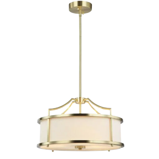 STANZA OLD GOLD S PENDING LAMP gold fixture white lampshade modern glamour.