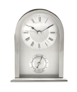 CLOCK-STANDING-silver-metal-with-thermometer-classic