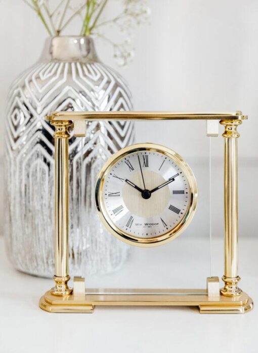 STANDING CLOCK in gold aluminum and glass classic for fireplace.