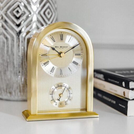 STANDING CLOCK gold metal with thermometer classic British