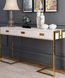 CONSOLE-WHITE-LACQUERED-GLOSS-WITH-THREE-DRAWERS-ON-GOLD-FRAME