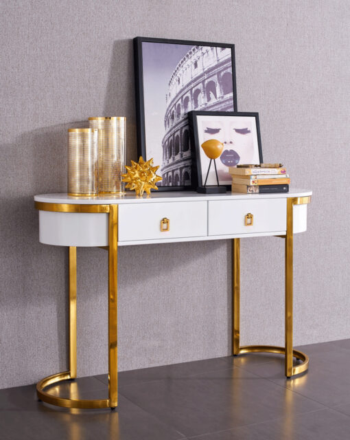 Console-stainless-steel-gold-oval-top-in-glamour-style