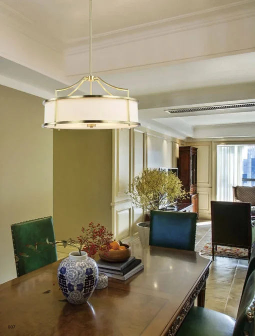 STANZA OLD GOLD M PENDING LAMP gold fixture white lampshade modern beautiful.