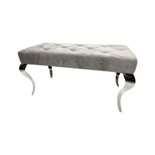 Upholstered bench, quilted, velvet, silver legs, stainless steel, glamour, grey