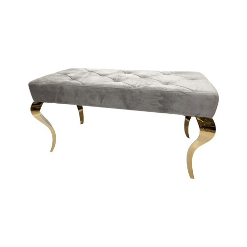 Upholstered bench, quilted, velvet, golden legs, stainless steel, glamour, grey