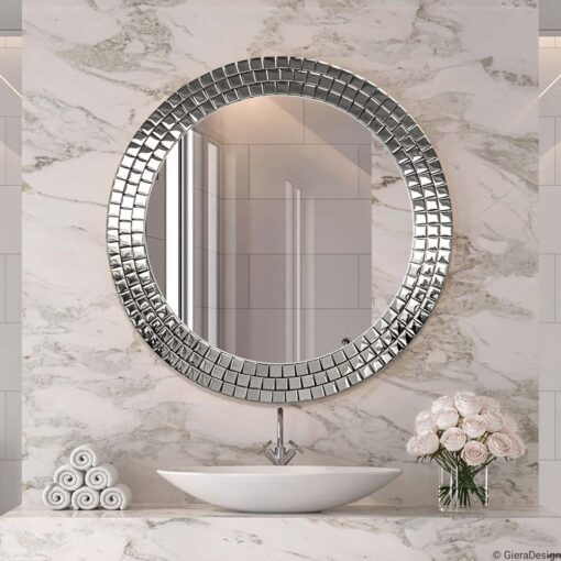Mirror-Wall-Mounted-Aurora-Silver-Round-Frame-Z-Mosaic-Bathroom Mirror