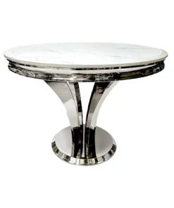 Silver round dining table, unique beautiful base shape, white marble top, glamour