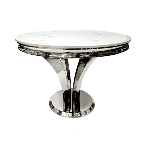 Silver round dining table, unique beautiful base shape, white marble top, glamour