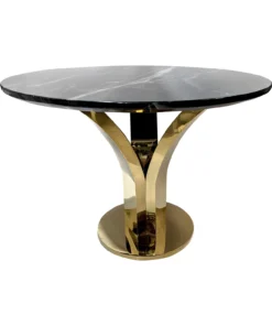 Silver round dining table, unique base shape, black marble top, glamour