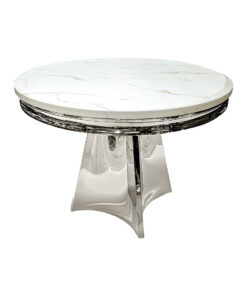 Silver table, unique modern base shape, white marble top, glamour, elegant