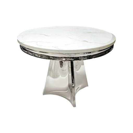 Silver table, unique modern base shape, white marble top, glamour, elegant