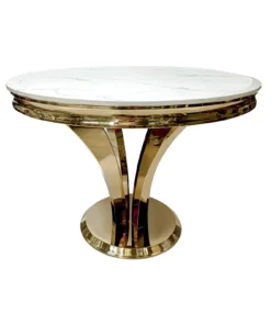 Gold round dining table, unique beautiful shape of the base, white marble top, glamour