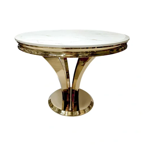 Gold round dining table, unique beautiful shape of the base, white marble top, glamour