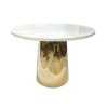 Gold round dining table, modern fashionable base shape, white marble top, exclusive