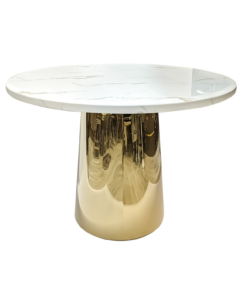 Gold round dining table, modern fashionable base shape, white marble top, exclusive