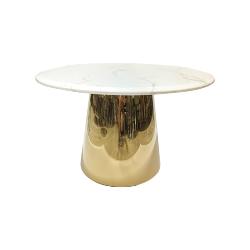 Gold round coffee table for dining room, modern fashionable base shape, white marble top, glamour