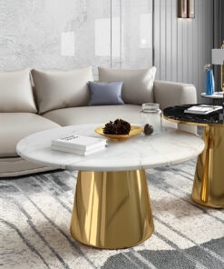 Gold round coffee table for dining room, modern fashionable base shape, white marble top, glamour