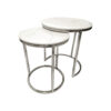 SET OF TWO stainless steel silver tables, round, white marble top, Small