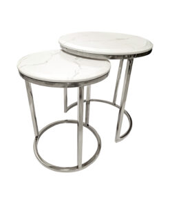 SET OF TWO stainless steel silver tables, round, white marble top, Small