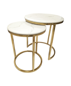 SET OF TWO TABLES gold stainless steel, round, white marble top, Small, exclusive