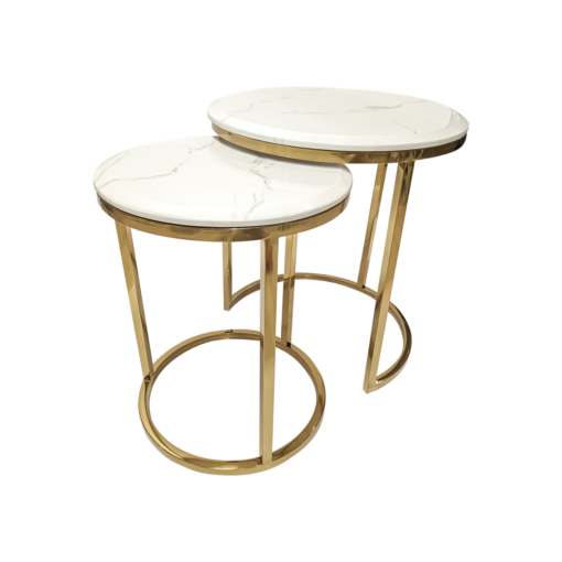 SET OF TWO TABLES gold stainless steel, round, white marble top, Small, exclusive