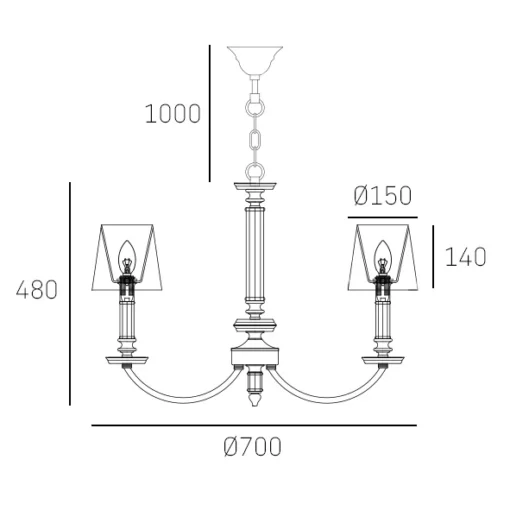 Siena pendant lamp with lampshades, silver finish, classic, dimensions
