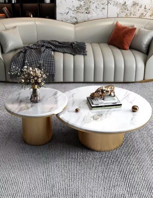 Double coffee bench, marble conglomerate, gold base, round