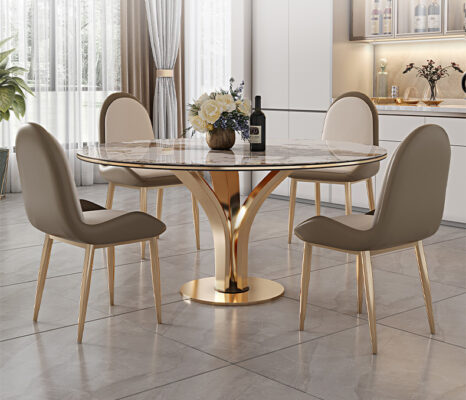 Round dining table, marble conglomerate top, gold base