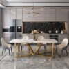 Dining table rectangular, white marble conglomerate, gold base