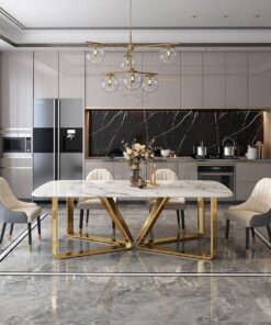 Dining table rectangular, white marble conglomerate, gold base