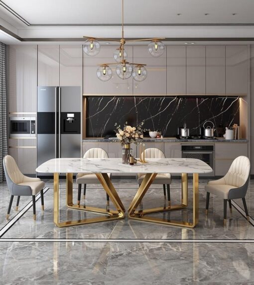 Dining table rectangular, white marble conglomerate, gold base