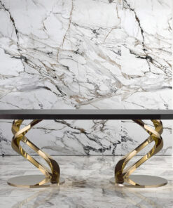 Dining table gold base, black marble conglomerate