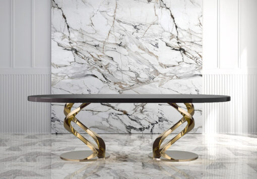 Dining table gold base, black marble conglomerate