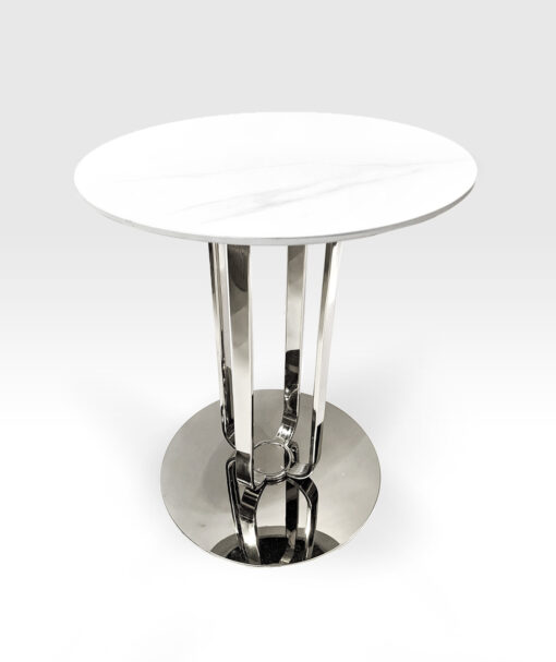 HELP TABLE white marble conglomerate, silver base, round