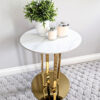 HELP TABLE marble conglomerate, gold base, round white top, beautiful