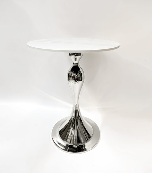 WELDING TABLE round, white marble conglomerate, silver base