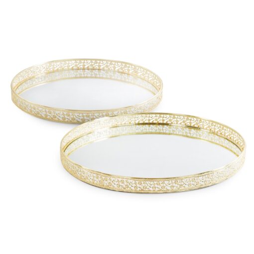 RIKI decorative tray with mirrored top and openwork border, metal, gold 30x3 cm, glamour