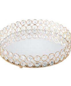 MESI round metal tray with crystals mirror top glamour style 25x6 cm, exclusive