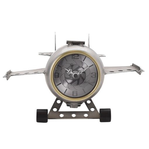 Mantel clock, silver, metal, airplane shape, decorative