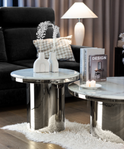 SET OF TWO TABLES round sintered stone tops, silver bases