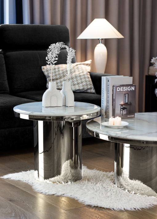 SET OF TWO TABLES round sintered stone tops, silver bases