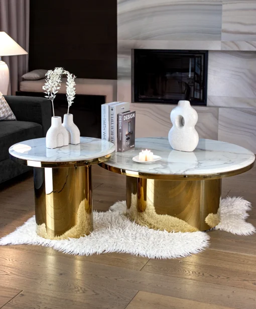 SET OF TWO TABLES round sintered stone tops, gold bases with high gloss finish