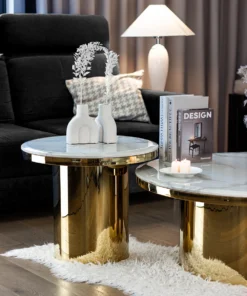 SET OF TWO TABLES round sintered stone tops, gold bases finished in high gloss, beautiful