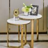 ASSOCIATE TABLE SET double, round, gold base, white marble conglomerate