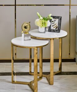 ASSOCIATE TABLE SET double, round, gold base, white marble conglomerate