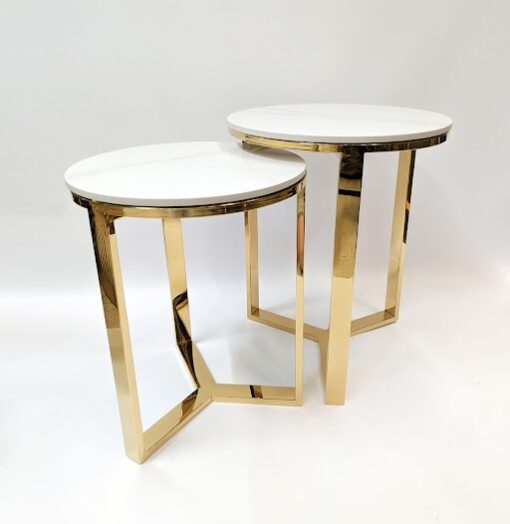 SET OF ASSISTANT TABLES double, round, gold base, white marble conglomerate, exclusive