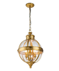 Adams ball-shaped pendant lamp, hampton style, 3 light sources, brushed brass