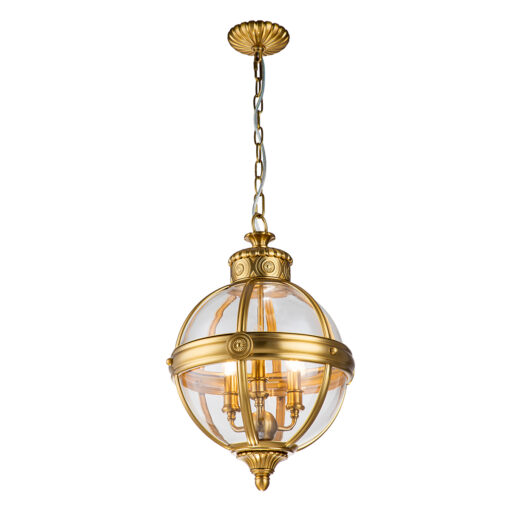 Adams ball-shaped pendant lamp, hampton style, 3 light sources, brushed brass