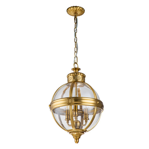 Adams ball-shaped pendant lamp, hampton style, 3 light sources, brushed brass, beautiful