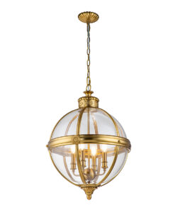 Adams ball-shaped pendant lamp, hampton style, 4 light sources, brushed brass